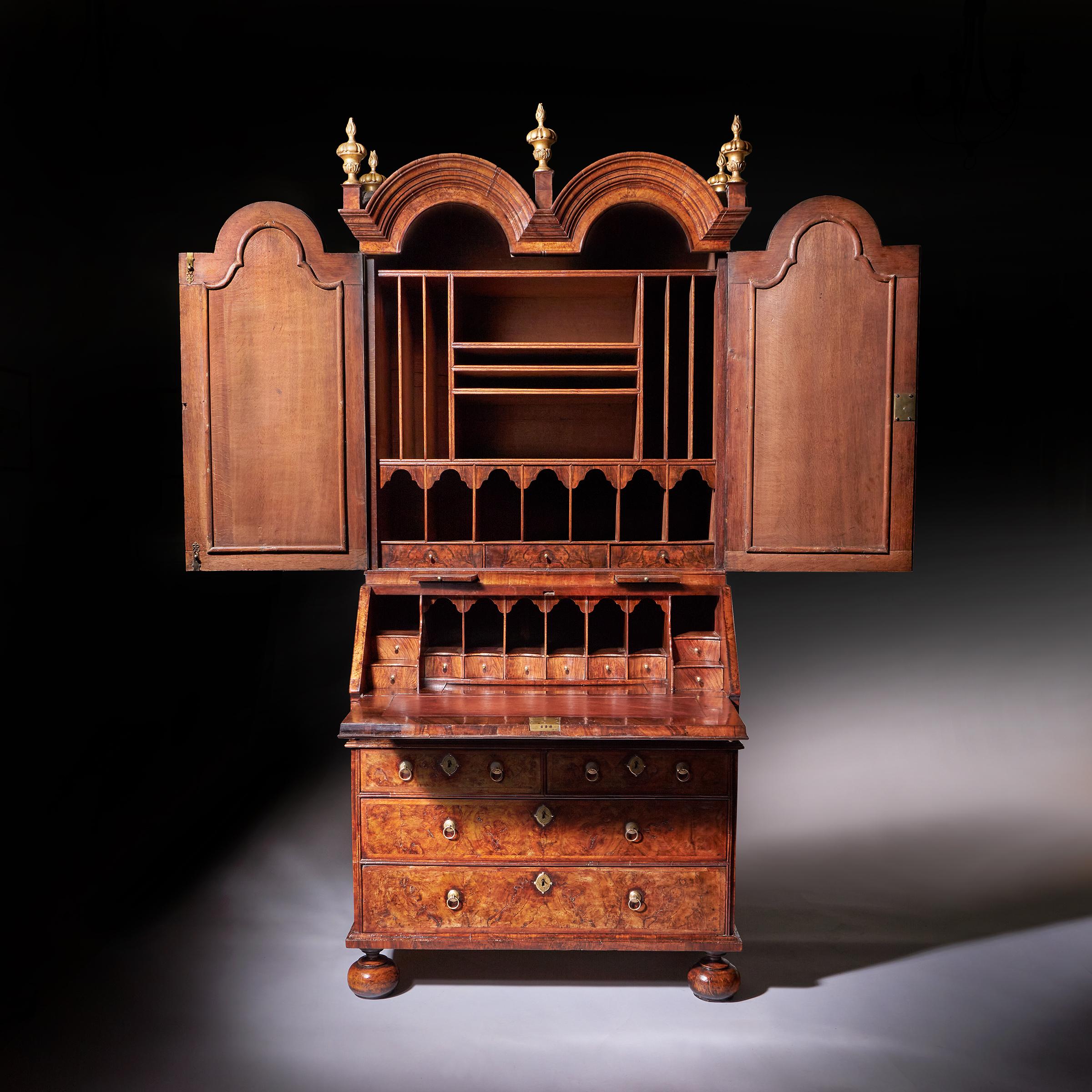 18th Century Queen Anne Burr Walnut Double Dome Bureau Bookcase 2