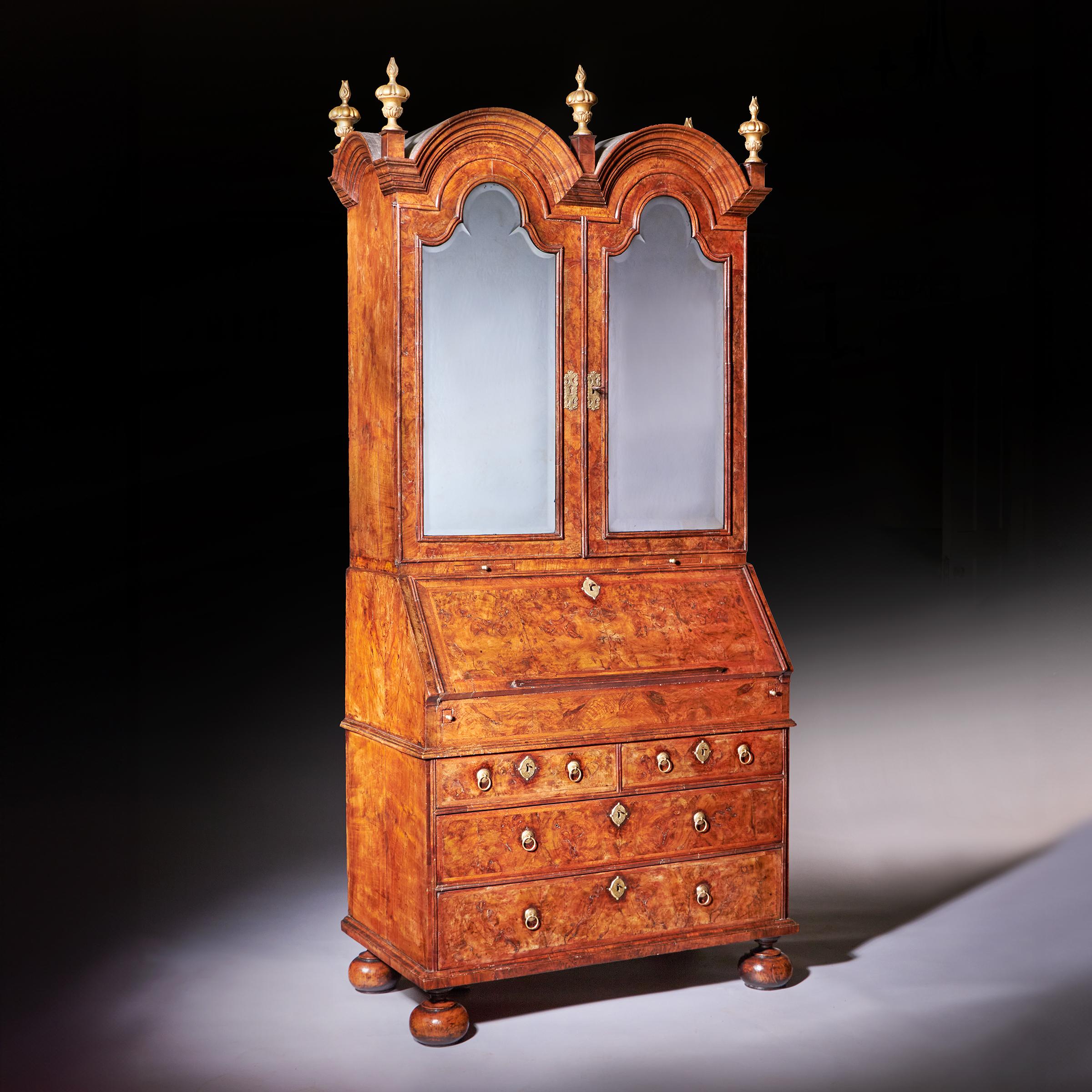 18th Century Queen Anne Burr Walnut Double Dome Bureau Bookcase 3