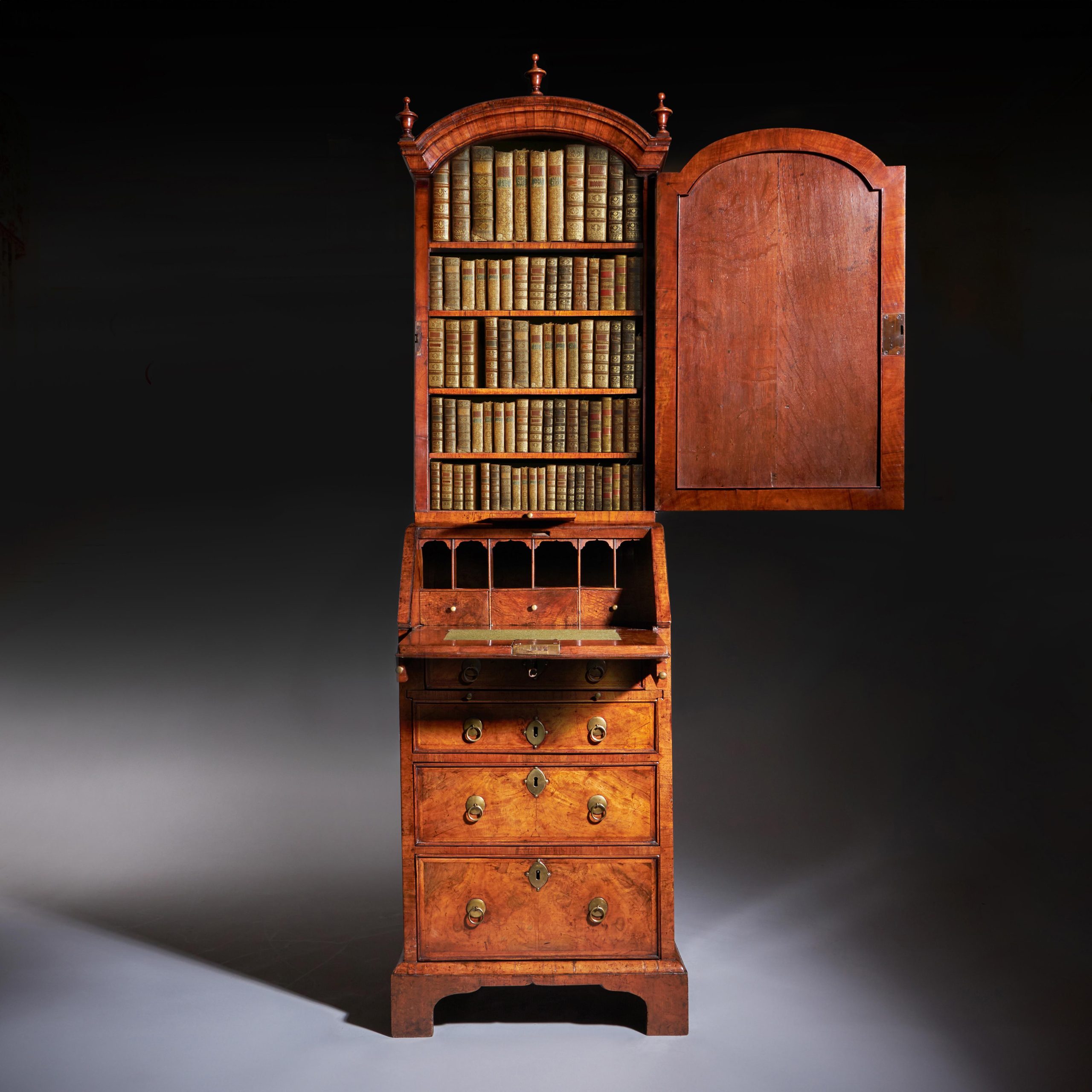 18th Century Queen Anne Burr Walnut Double Dome Bureau Bookcase 4