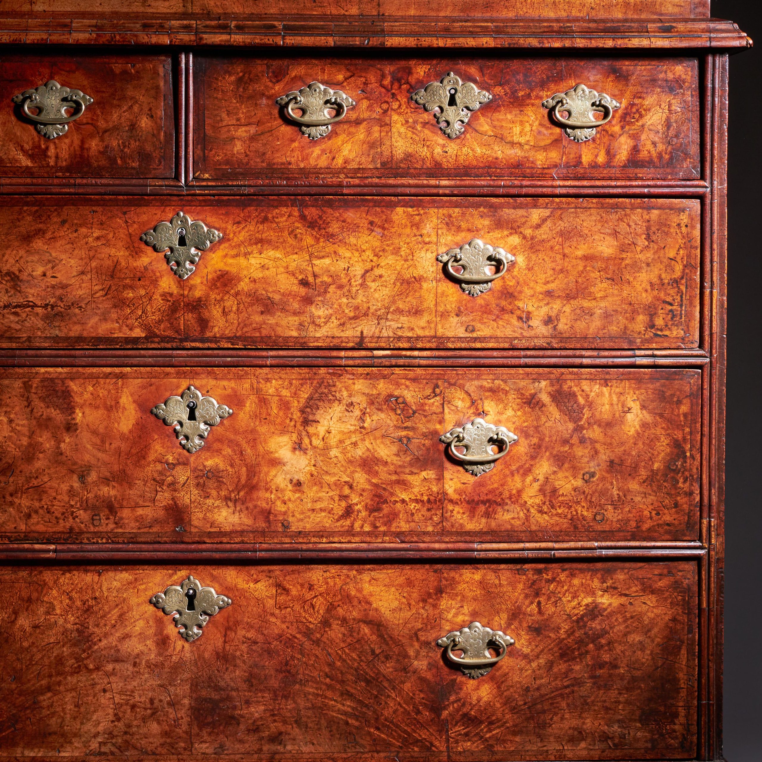 18th Century Queen Anne Burr Walnut mirrored Cabinet on Chest, Circa 1705-1715 18