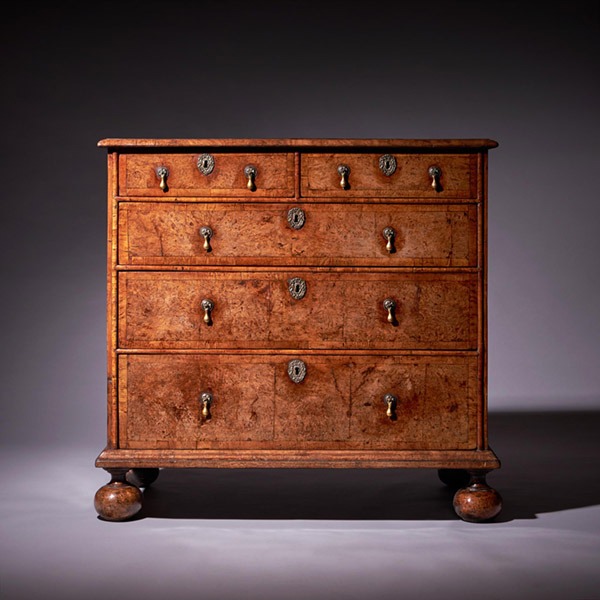 Important 17th Century William and Mary Bur Pollard Oak Chest of drawers