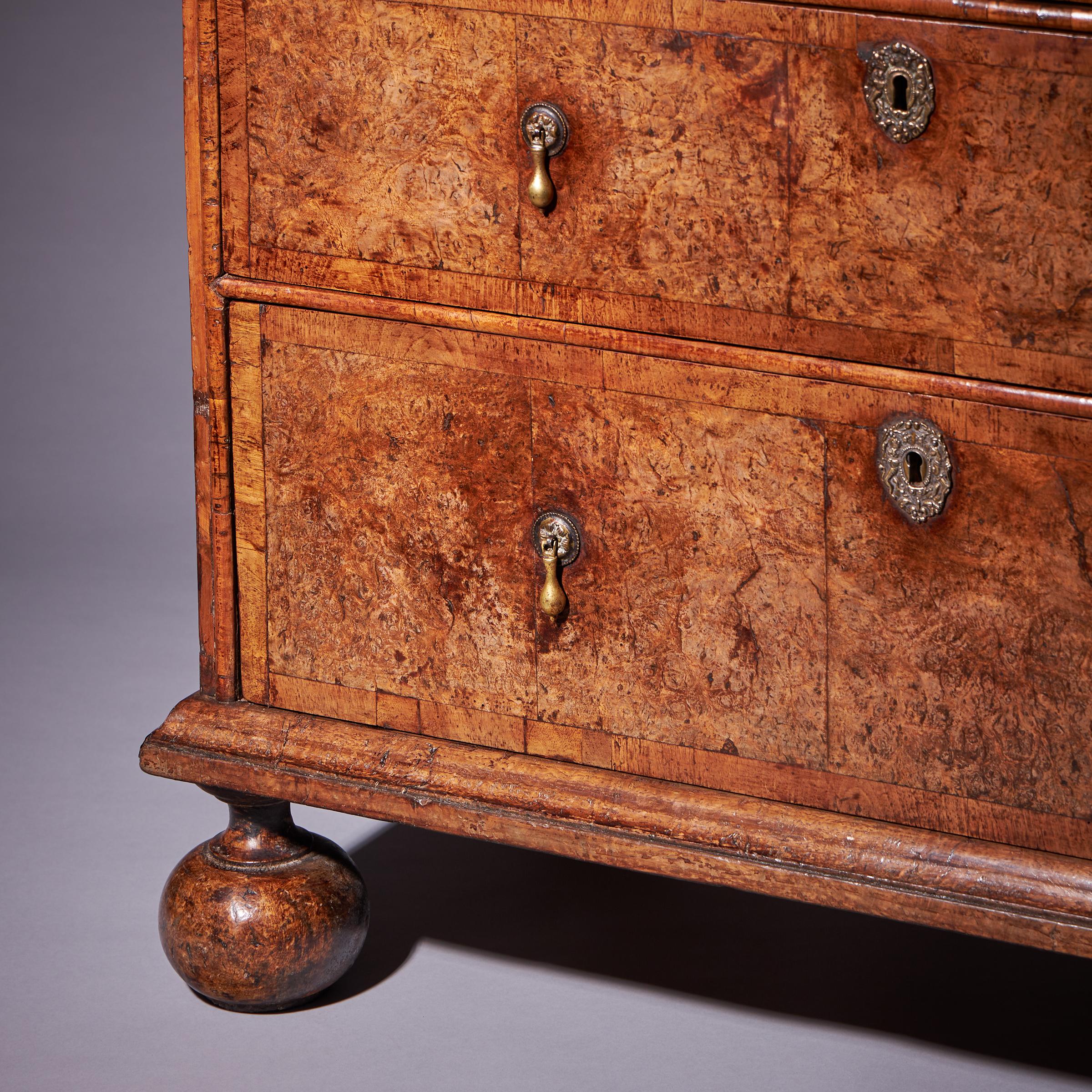 Important 17th Century William and Mary Bur Pollard Oak Chest of drawers 10