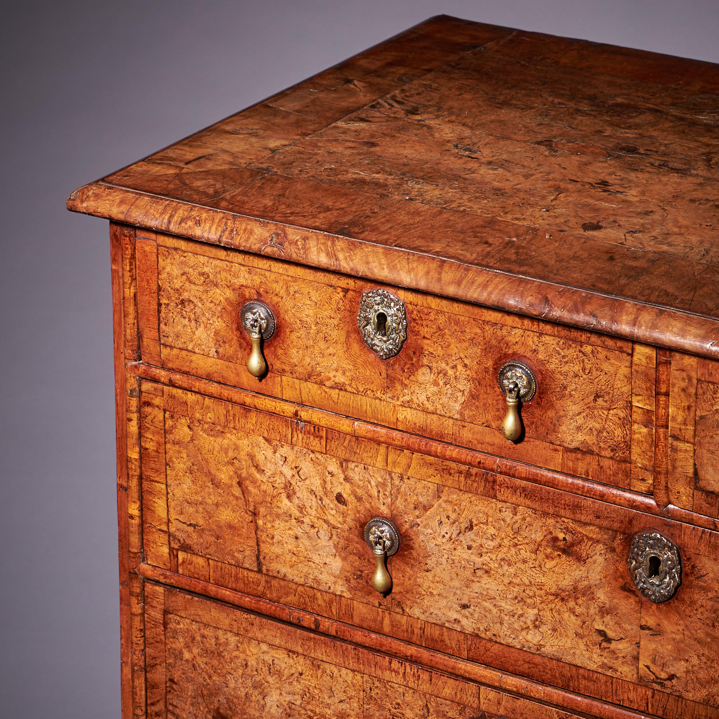 Important 17th Century William and Mary Bur Pollard Oak Chest of drawers 12