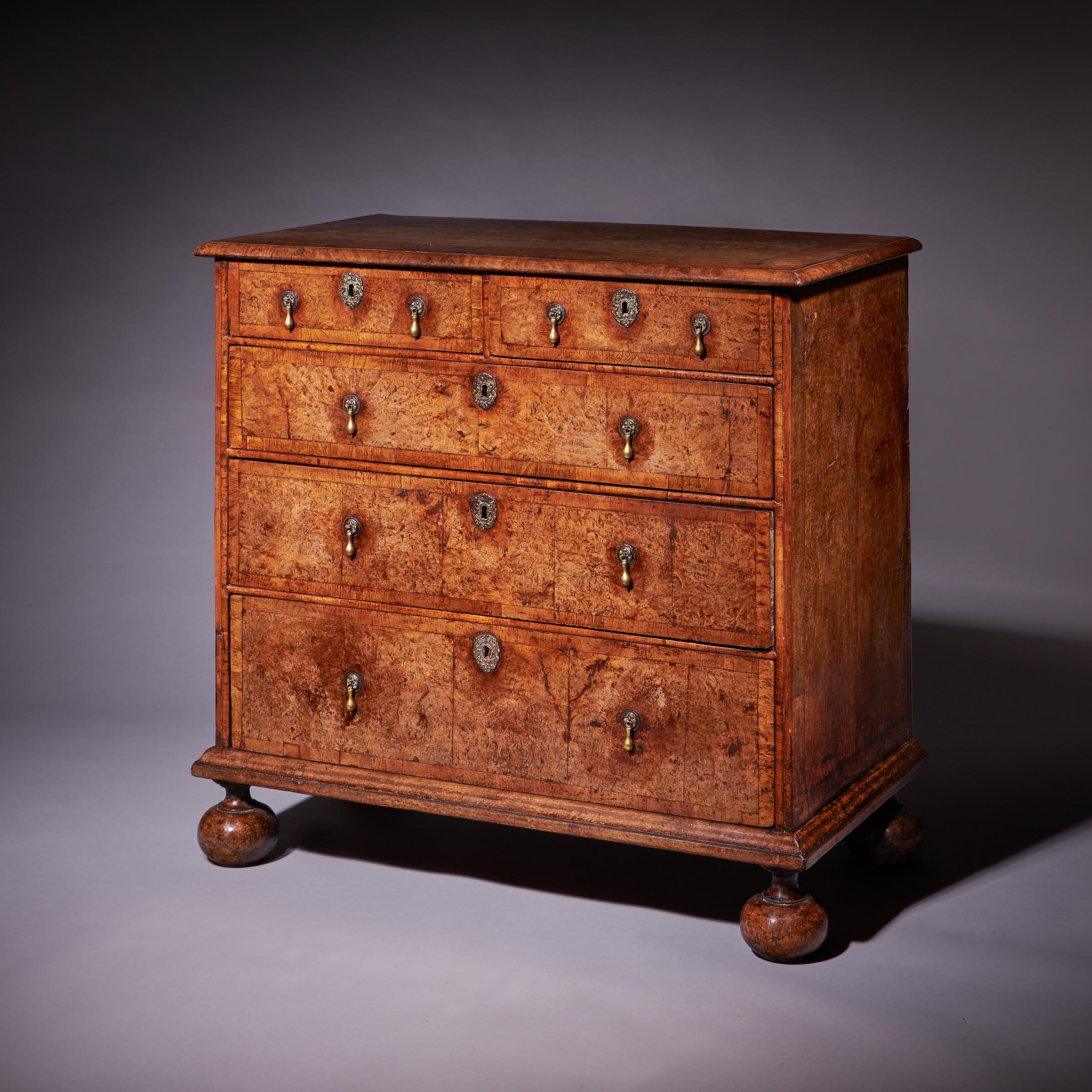 Important 17th Century William and Mary Bur Pollard Oak Chest of drawers 2