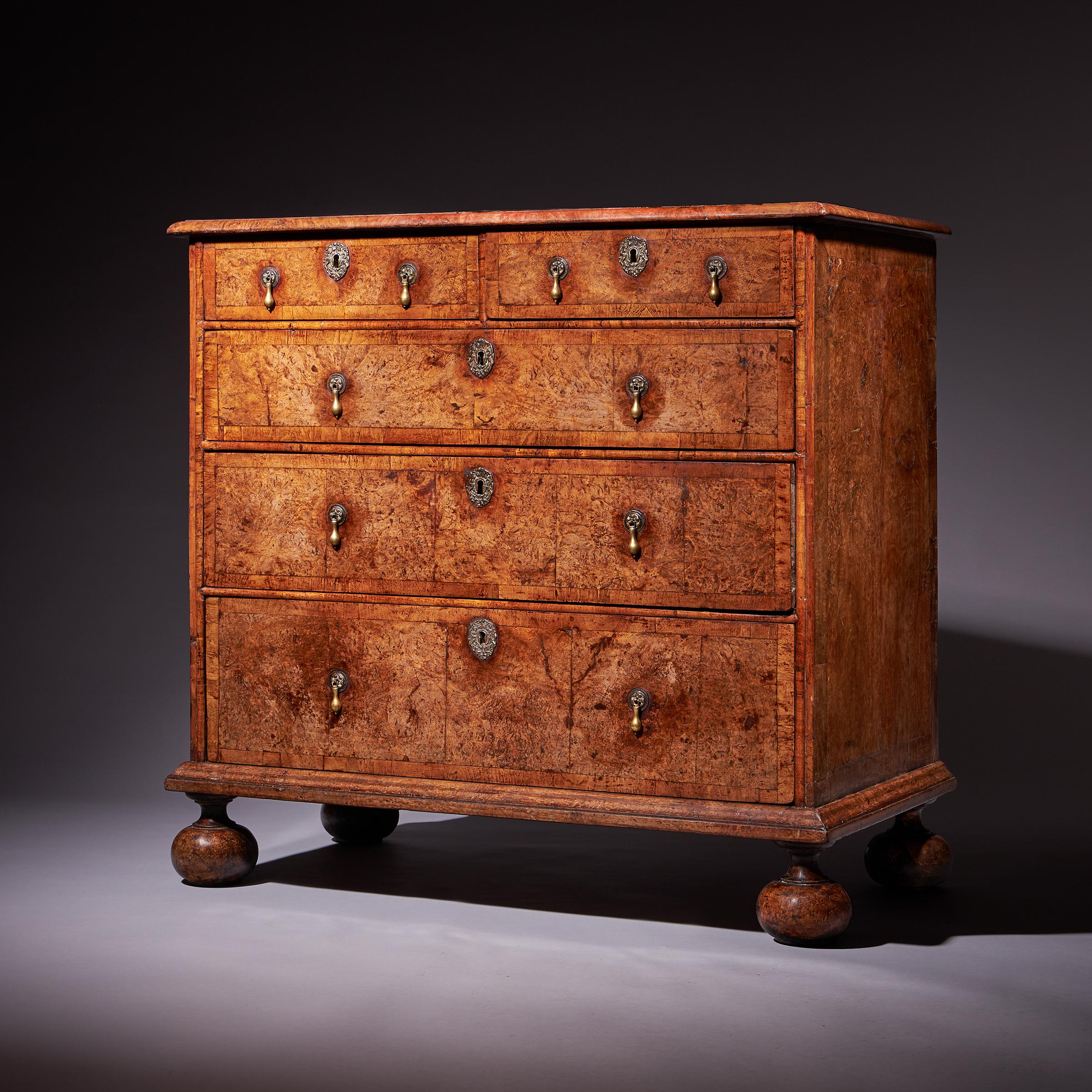 Important 17th Century William and Mary Bur Pollard Oak Chest of drawers 3