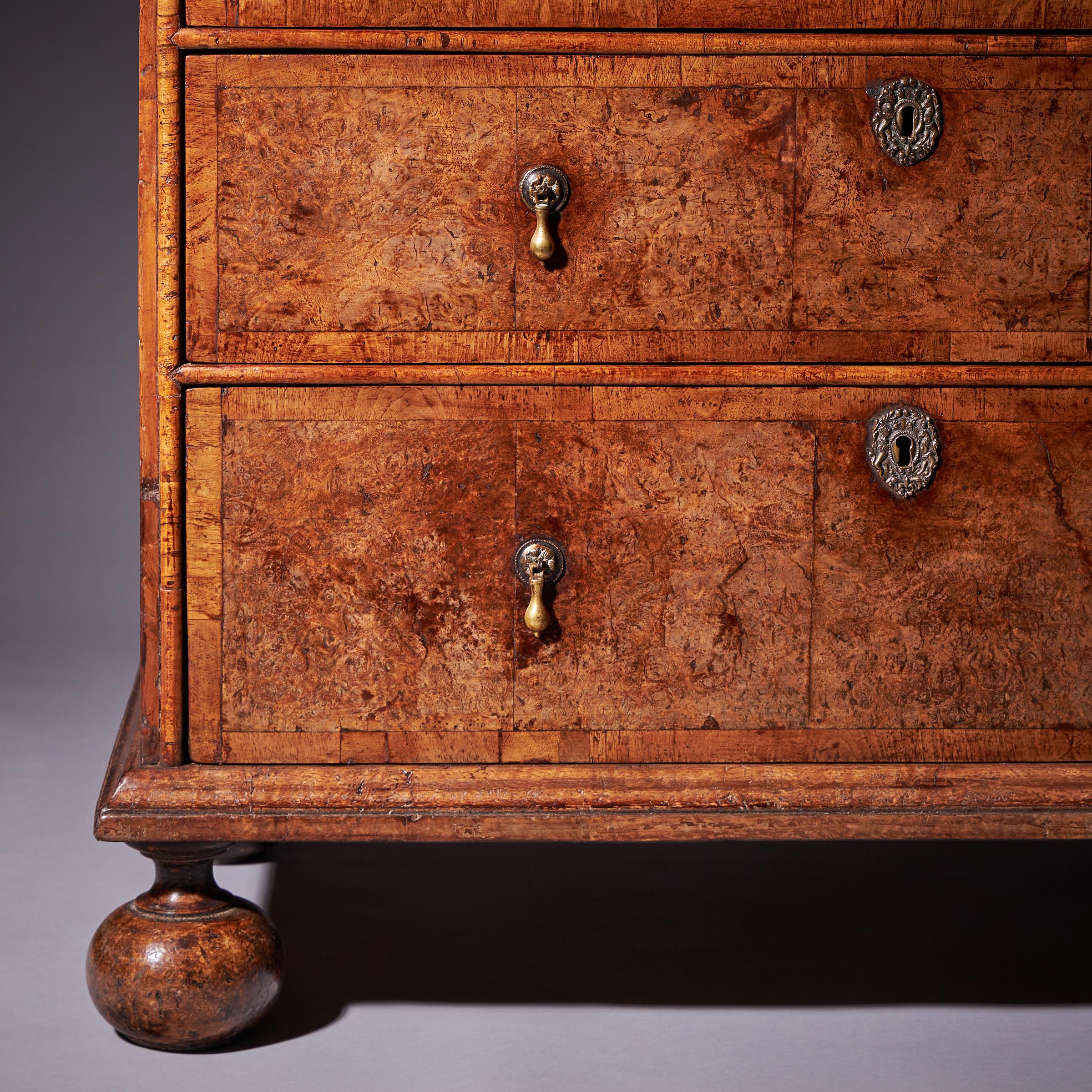 Important 17th Century William and Mary Bur Pollard Oak Chest of drawers 5