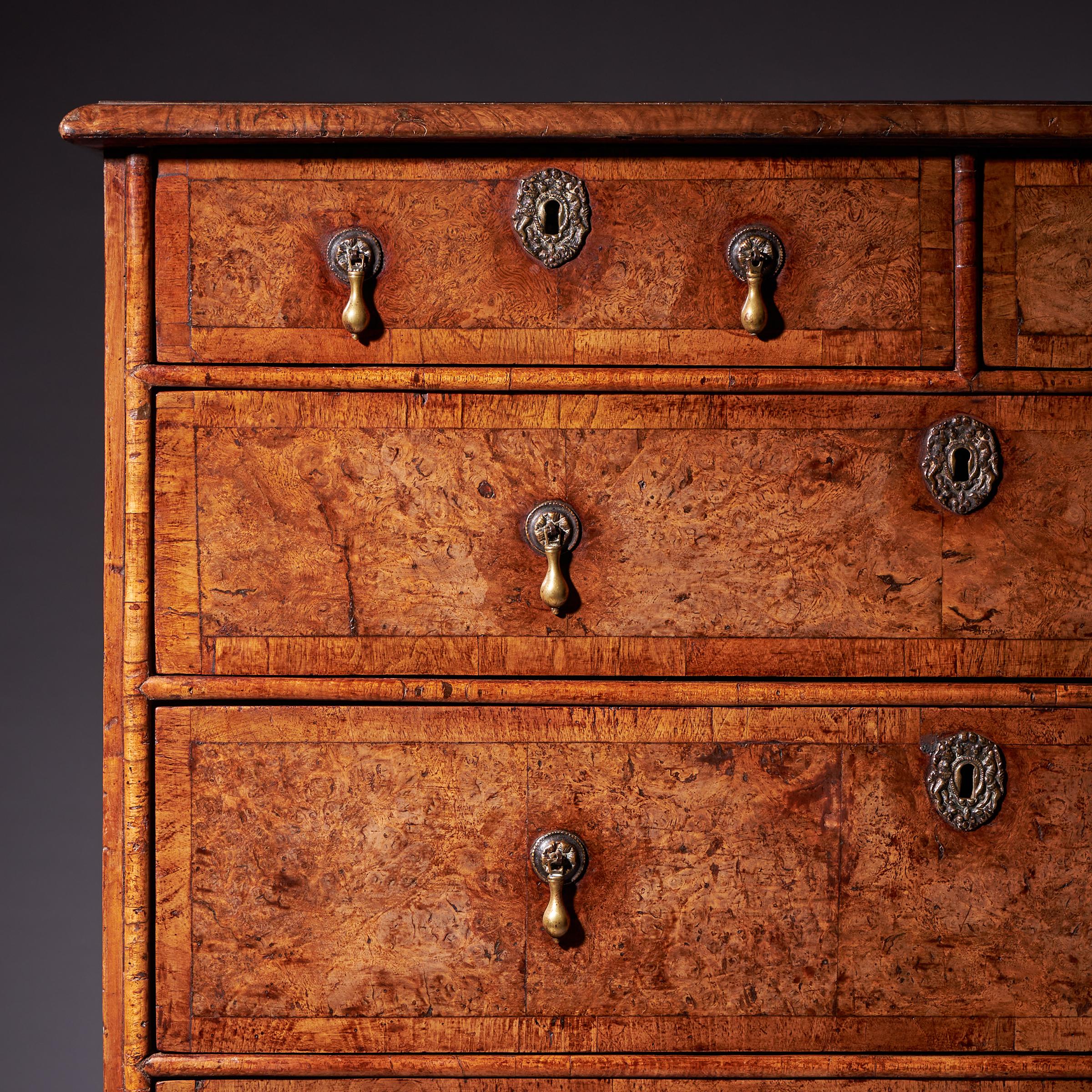 Important 17th Century William and Mary Bur Pollard Oak Chest of drawers 6