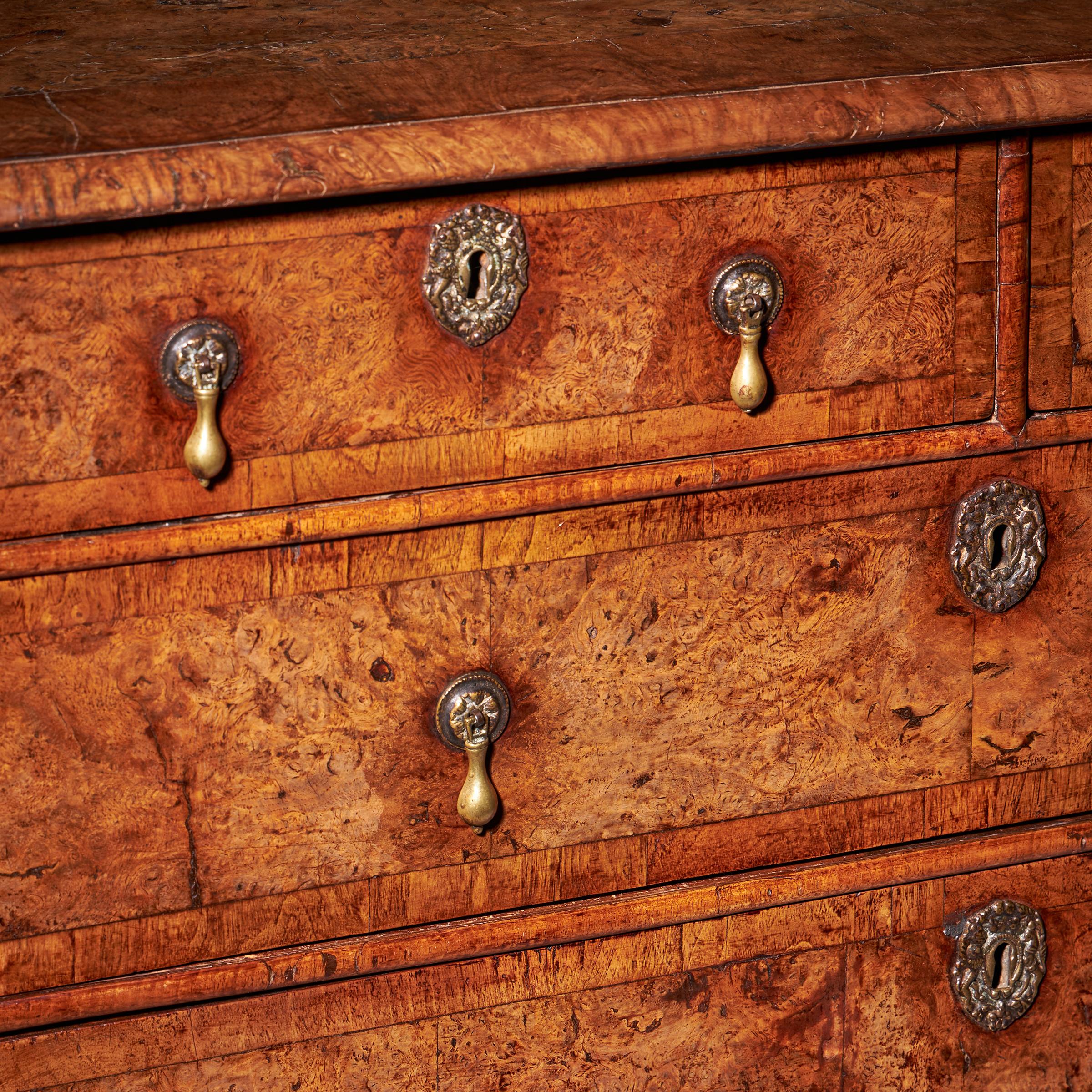 Important 17th Century William and Mary Bur Pollard Oak Chest of drawers 7