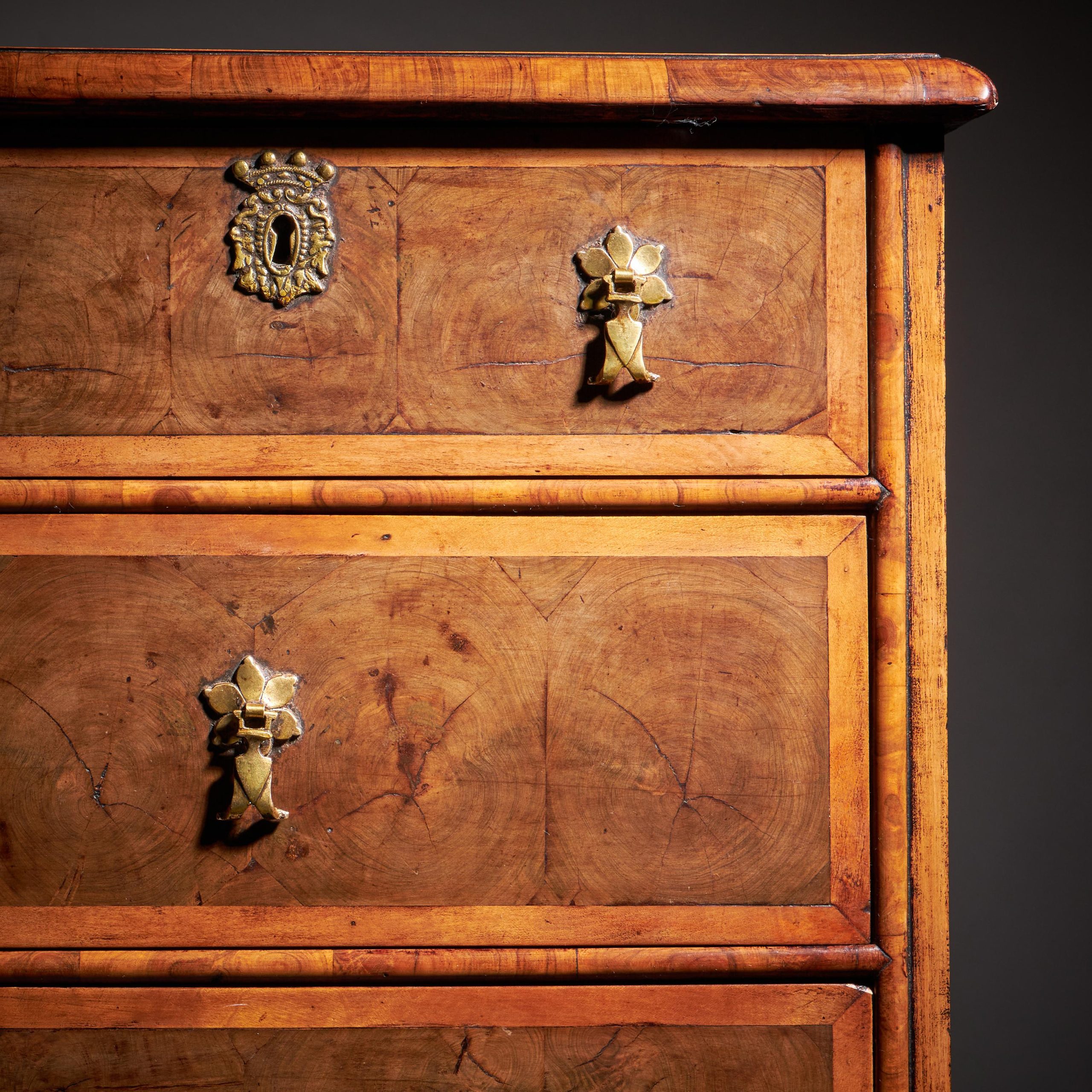 17th Century William and Mary Blond Olive Oyster Chest of drawers, Circa 1690 7