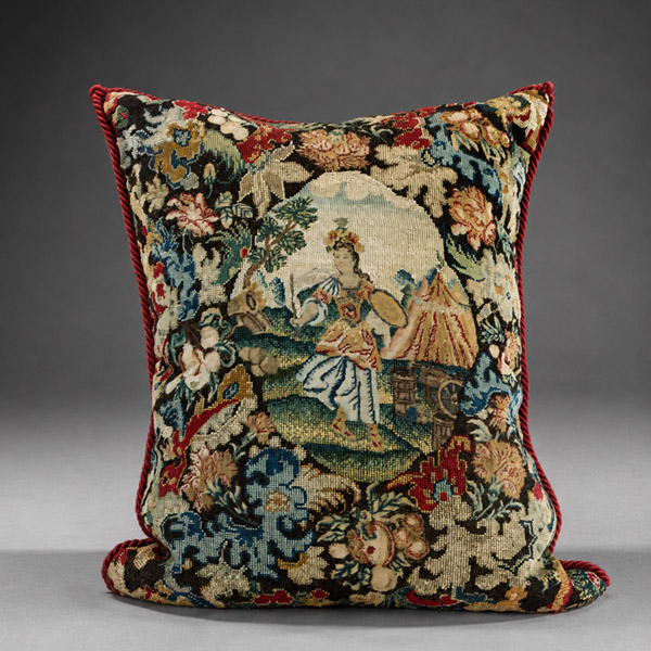 A Large George II Wool and Silk Needlework Cushion Pillow circa 1740